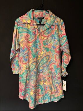 Lauren Ralph Lauren Teal Pink Yellow Paisley Button-Down Nightgown-Medium
